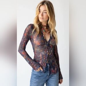 NWT NATURAL LIFE Carina Floral Mesh Long Sleeve Top Watercolor Indigo L